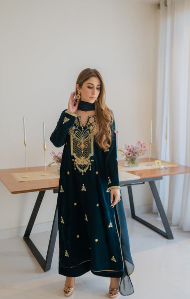 Peacock blue velvet outfit
