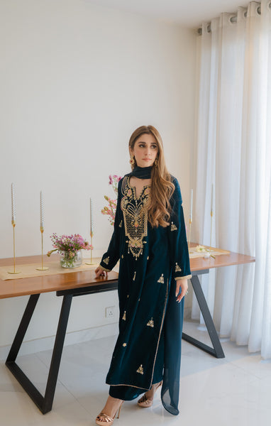 Peacock blue velvet outfit
